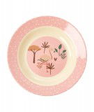 Assiette creuse en melamine motif Flamant Rose. Réalisée par la marque Rice