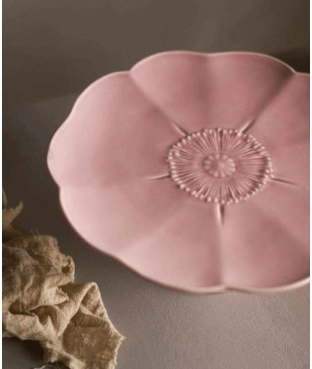 Plat à gâteau sur pied Fleur rose réalisé en céramique au Portugal.