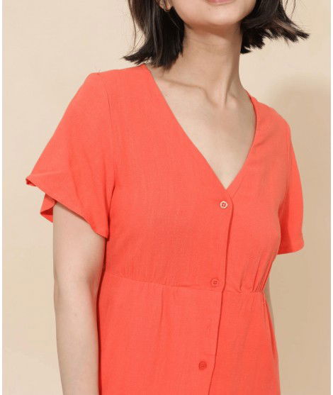 Robe longue dos nu Donatella couleur Corail. Réalisée en lin et en viscose.