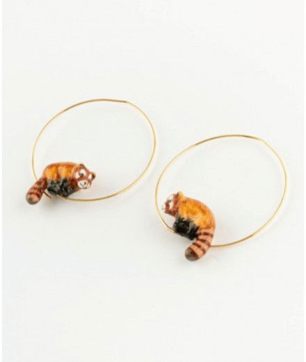 Boucles d'oreilles Créoles Pandas roux en porcelaine de la marque française Nach.