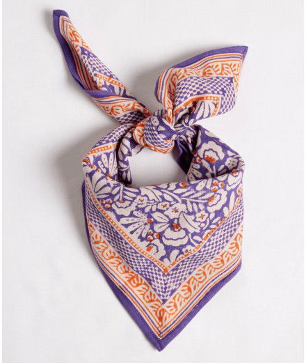 Petit foulard Fleurs indiennes Iris Violine de la marque française Bonheur du Jour