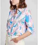 Blouse Claire Lilas. Col chemise. Motifs multicolores. Boutons tons sur tons