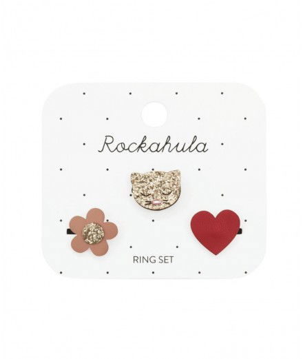 Set de 3 bagues pour enfant Chat coeur et fleur de la marque Rockahula.