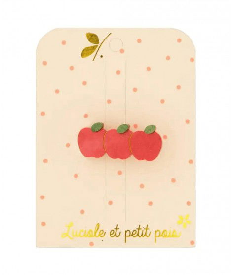 Barrette en résine avec trois pommes en motif. De la marque pour enfants, Luciole et Petit Pois.