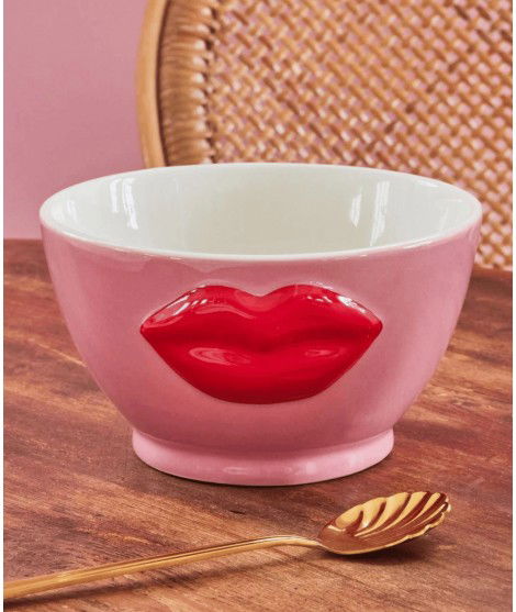 Grand bol rose avec une Bouche rouge en relief. De la marque Rice