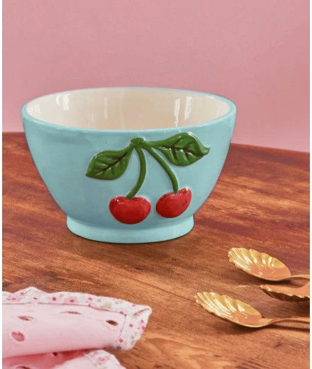 Petit bol bleu avec des Cerises en relief. De la marque Rice