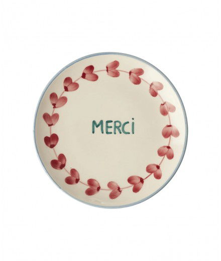 Assiette en porcelaine Rice avec des fleurs et le message "Merci" délicatement peint artisanalement au Portugal.