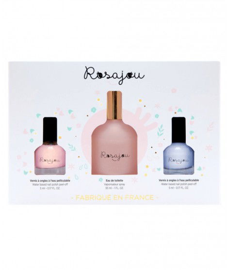 Coffret beauté pour Enfant comprenant une Eau de parfum et deux Vernis. De la marque française Rosajou