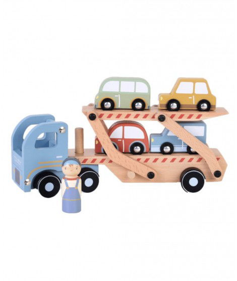 Camion transporteur en bois accompagné de ses petites voitures. De la marque pour enfants Little Dutch